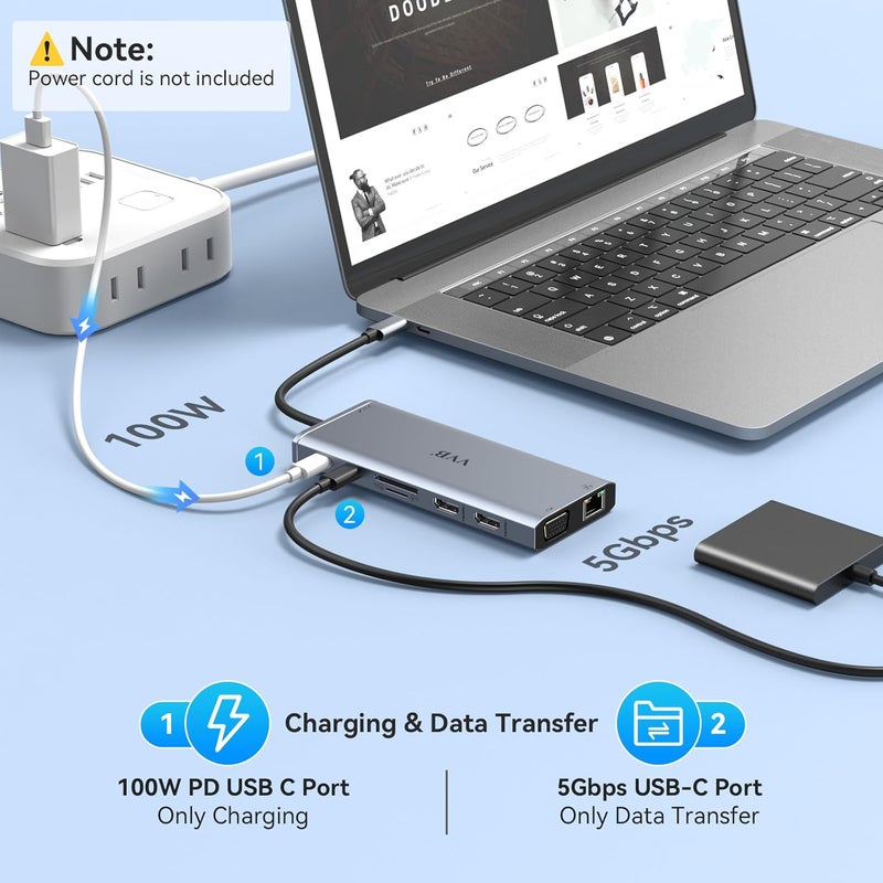 VVB USB C Docking Station Dual Monitor HDMI for Dell HP Lenovo Laptop,14 in 1 Docking Station to 2 HDMI Port 4K+VGA USB Type C Hub Multiport Adapter Dongle Dock,USB C to Ethernet+5 USB+SD/TF+100W PD+Audio - Image 5